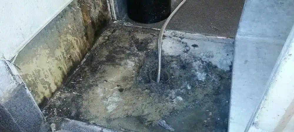 East Millcreek Mold Removal services from The Flood Co. A picture of mold near a floor drain next to a wet wall.