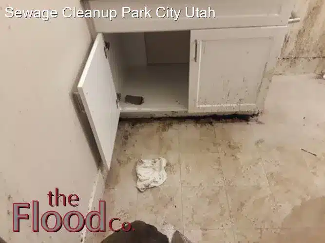 Sewage Cleanup Park City Utah services from The Flood Co. A picture of sewage on a tile floor in a bathroom.