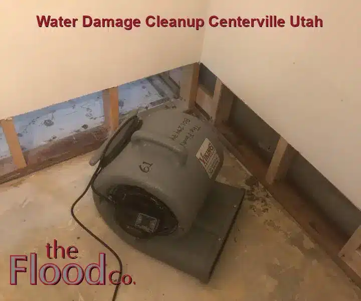 Water Damage Cleanup Centerville Utah services from The Flood Co. A picture of an industrial blower drying water-damaged walls.