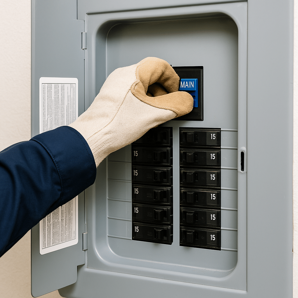 Technician shutting off electrical panel during water emergency