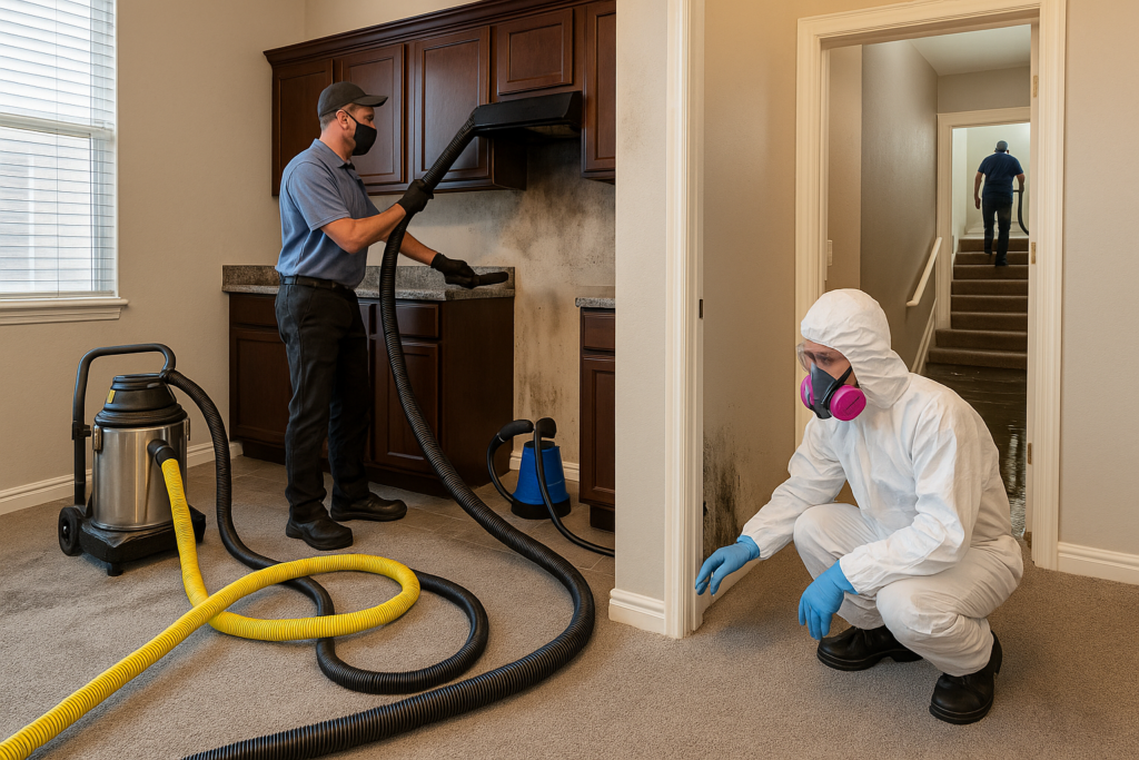 Technicians restoring home from fire, flood, mold, and water damage using professional equipment