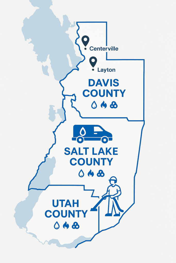 Utah map showing The Flood Company’s service areas in Davis, Salt Lake, and Utah Counties