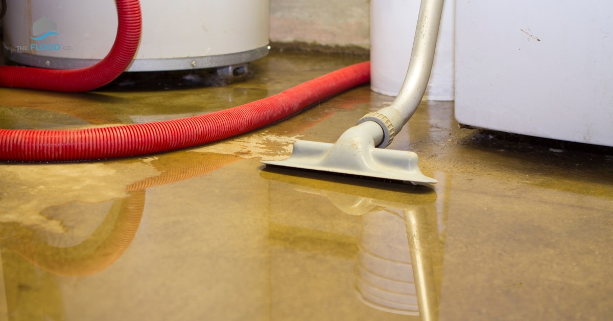 Homeowner beginning flood cleanup with safety gear and equipment in a water-damaged living room
