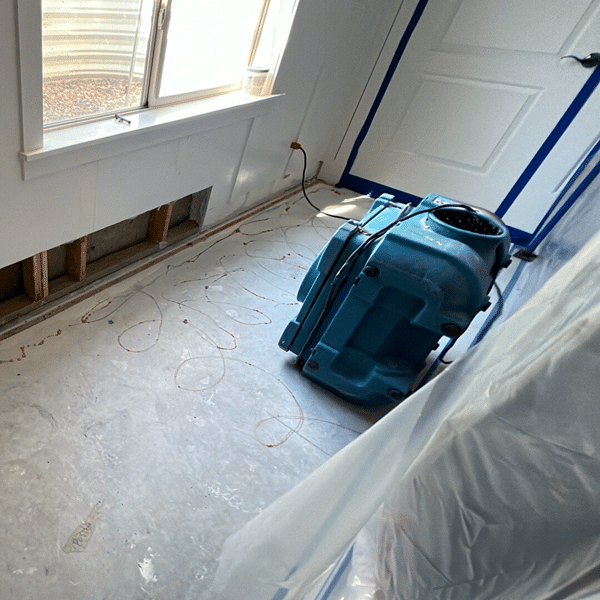 Mold technician using HEPA scrubber during Utah home remediation.
