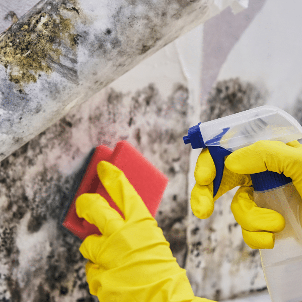 Homeowner wearing mask and gloves cleaning mold from bathroom wall