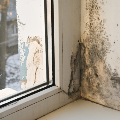 Black mold spreading on damaged drywall.