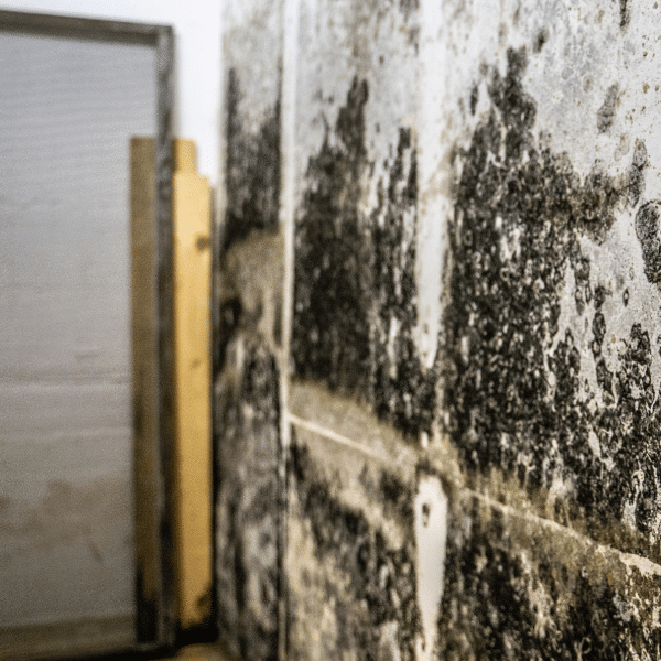 Black mold damage on interior drywall from moisture exposure.