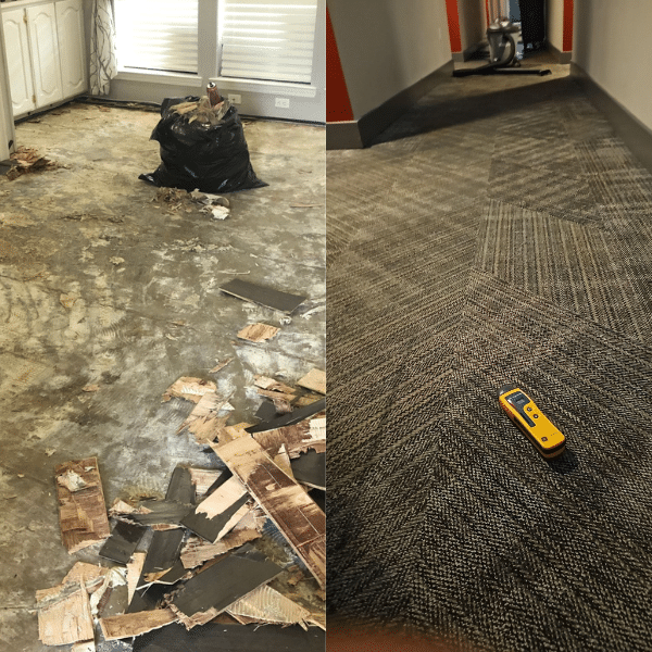 Before and after comparison of a commercial property water damage cleanup