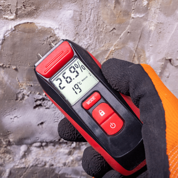 Restoration expert using moisture detection tool on water-damaged wall