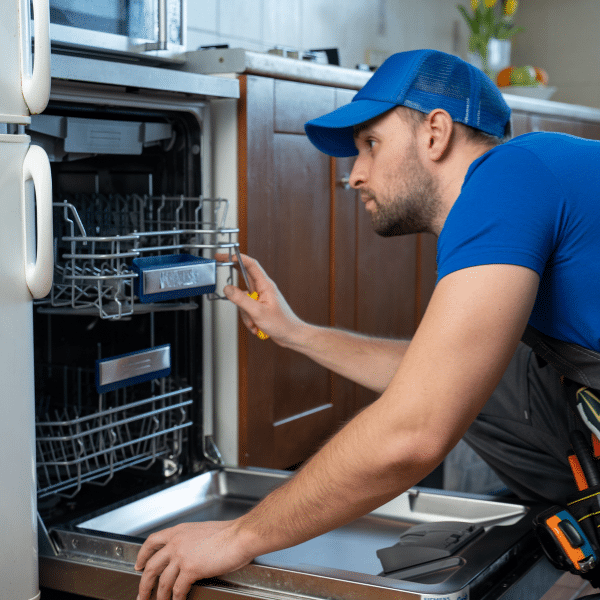 Technician using drying equipment for dishwasher water leak cleanup