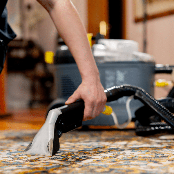 Technician performing water extraction from wet carpet after pipe leak